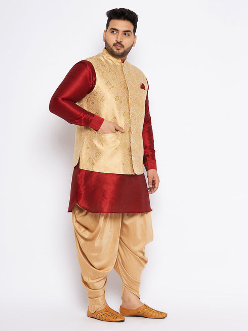 Vastramay Men's Plus Size Rose Gold Woven Nehru Jacket With Maroon Kurta And Rose Gold Dhoti Set